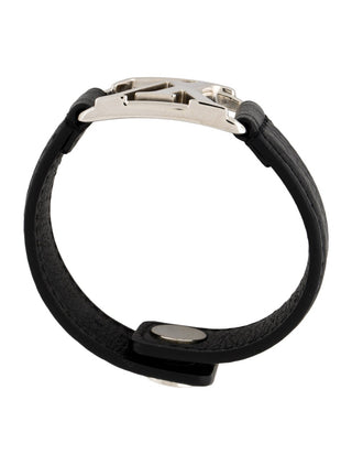 Louis Vuitton Silver-tone LV Logo Black Leather Hockenheim Bracelet