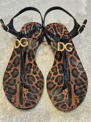 Dolce & Gabbana Black Rubber G&G Logo T-Strap Sandals 38 sz