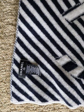 Chanel Blue White Cashmere Interlocking CC Logo Scarf