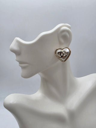 Chanel Gold-tone Faux Pearl Interlocking CC Heart Stud Earrings