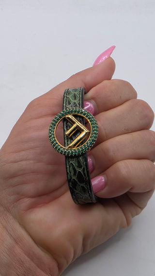 Fendi Gold-tone Crystal Green Snake Skin FF Leather Wrap Bracelet