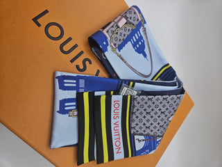 Louis Vuitton blue multicolor LV Monogram Skyline Story Silk Bandeau