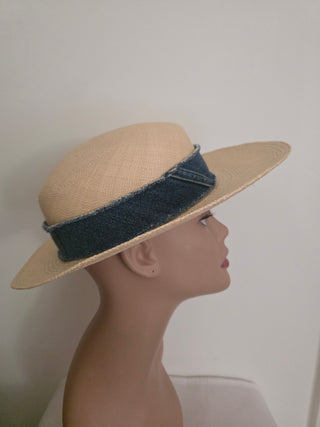 Chanel Beige Interlocking CC Denim Straw Hat S sz