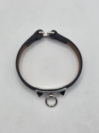 Hermes Black Swift Calfskin Leather Palladium Plated Mini Rivale Bracelet Size T2