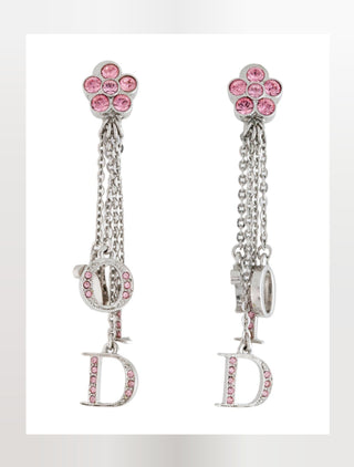 Christian Dior Silver-tone Crystal Floral Logo Drop Clip-On Earrings