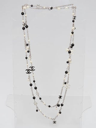 Chanel Silver-tone Black White Bead Glass Pearl Interlocking CC Long Necklace