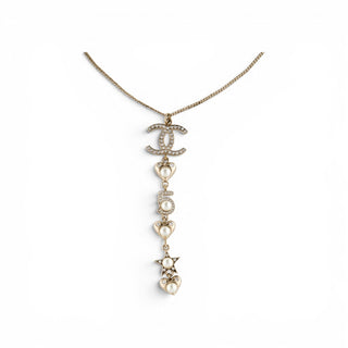Chanel Gold-tone Faux Pearl Strass No 5 Heart CC Star Pendant Necklace