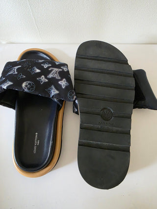 Louis Vuitton Black Blue LV Monogram Slides 40 sz