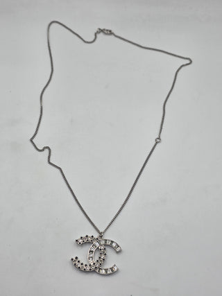 Chanel Silver-tone Strass Interlocking Pendant Necklace
