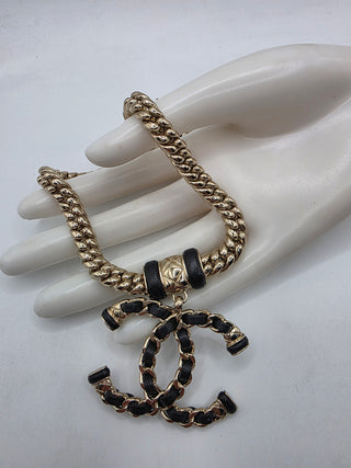 Chanel Gold Metal Black Leather Interlocking CC Logo Chain Link Choker Necklace
