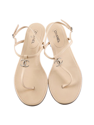 Chanel Beige leather 2019 Interlocking CC Logo T-Strap Sandals 37 sz