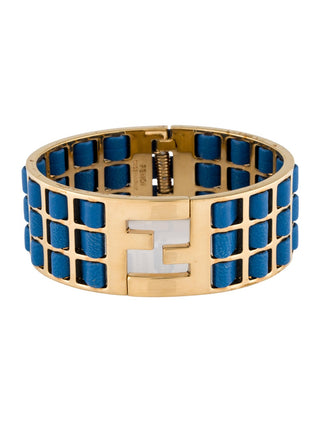 Fendi Blue Leather Gold-tone FF Cuff Bracelet