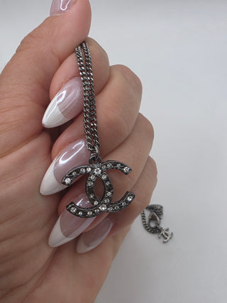 Chanel Silver-tone Strass Interlocking CC Pendant Necklace