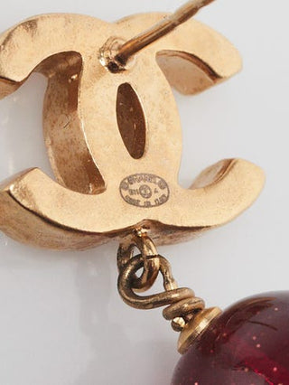 Chanel Gold Textured Metal Red Resin Interlocking CC Drop Earrings