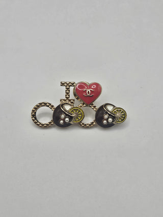 Chanel Gold-tone Faux Pearl Enamel I Love Coco Logo Pin