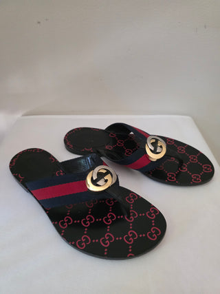 Gucci Blue Red Black Vintage Web Interlocking GG Thong Sandals 36.5 sz