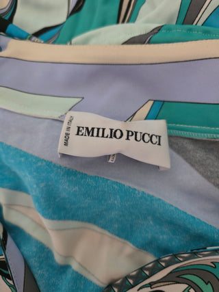 Emilio Pucci Blue Multicolor Signature Print V-Neck Blouse 6 sz