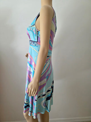 Emilio Pucci Blue Multicolor v-neck summer dress 8 US sz