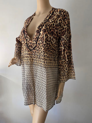 Fendi Brown Multicolor FF Logo Animal Print V-Neck blouse 40 sz