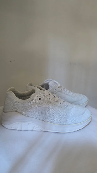Chanel White Interlocking CC Logo Sequins Sneakers 39.5 sz