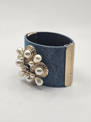 Chanel Faux Pearl Denim Gold-tone Interlocking CC Logo Bracelet