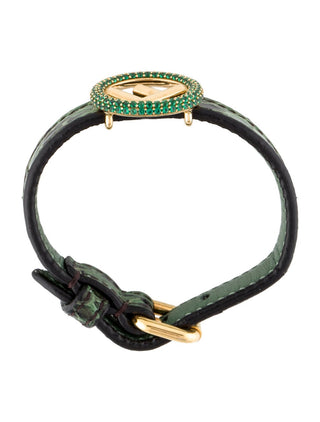 Fendi Gold-tone Crystal Green Snake Skin FF Leather Wrap Bracelet