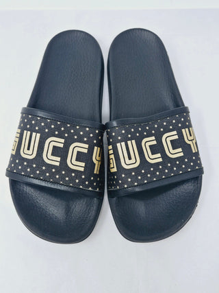 Gucci Black rubber Gold-tone logo printed pool slides 37 sz