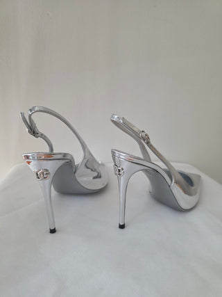 Dolce & Gabbana Metallic Silver Patent Leather DG Logo Slingback Pumps 38 sz