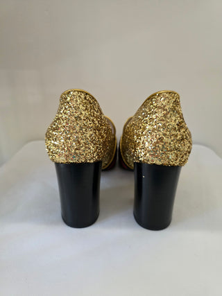 Gucci Gold Glitter Leather Peyton Marmont Mid-Heel Loafers 38.5 sz