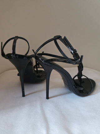 Saint Laurent Opyum Black Patent Leather YSL T-Strap Sandals 39.5 sz
