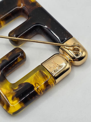 Fendi Gold-tone Resin Tortoiseshells FF Zucca Logo Pin Brooch