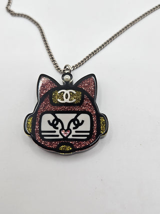 Chanel Gold-tone Black glitter Resin CC Cat Pendant Necklace