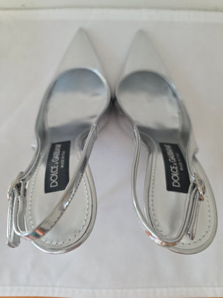 Dolce & Gabbana Metallic Silver Patent Leather DG Logo Slingback Pumps 38 sz