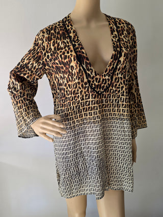 Fendi Brown Multicolor FF Logo Animal Print V-Neck blouse 40 sz