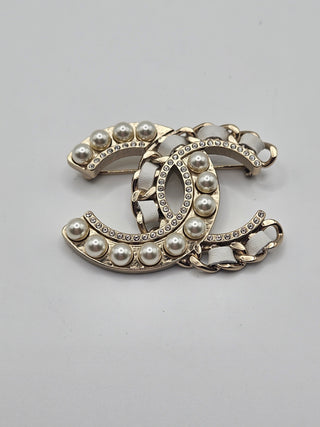 Chanel Gold-tone Faux Pearl, Strass, Leather Interlocking CC Brooch