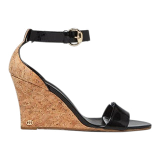 Gucci Black Patent Leather Hollie Wedge Sandals 41 sz