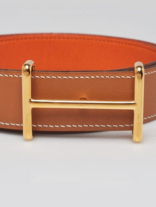 Hermès 32mm Gold Orange Leather Gold Plated Idem Belt Size 80