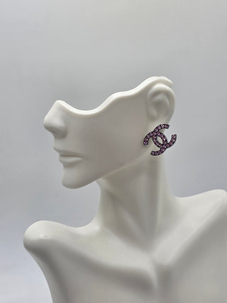 Chanel Silver-tone Pink Strass Interlocking CC Stud Earrings