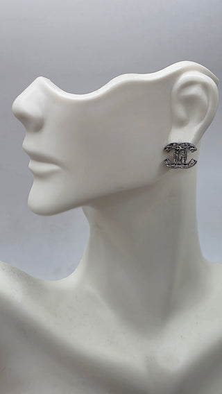 Chanel Silver-tone Interlocking CC Tweed Stud Earrings