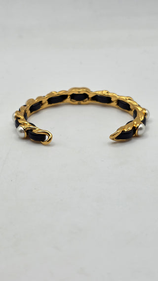 Chanel  Gold-tone Faux Pearl Leather CC Cuff Bracelet