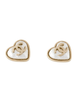 Chanel Gold-tone Faux Pearl Interlocking CC Heart Stud Earrings