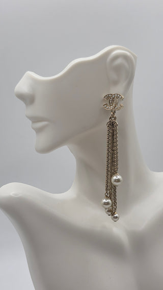 Chanel Gold-tone Faux Pearl Interlocking Drop Earrings