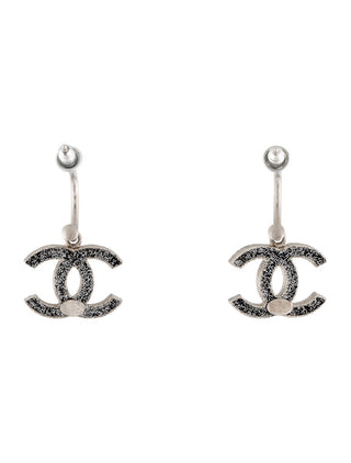 Chanel Silver-tone Black Enamel Glitter Interlocking CC Drop Earrings