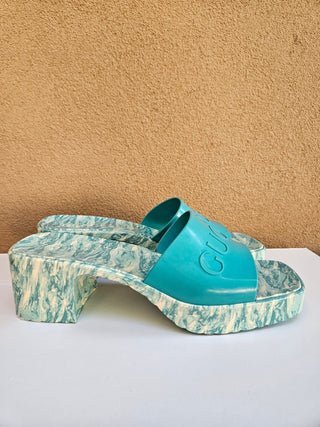 Gucci Blue Multicolor Rubber Logo Printed Platform Slides 38 sz