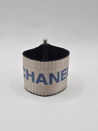 Chanel Grey Nylon 'CHANEL' Logo Print Wide Wrap Bracelet