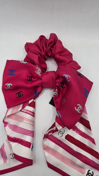 Chanel Pink White Interlocking CC 2024 Silk Bow Scrunchie