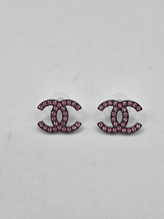 Chanel Silver-tone Pink Strass Interlocking CC Stud Earrings