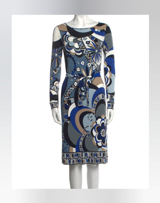 Emilio Pucci Blue Multicolor Printed Knee-Length Dress 6 sz
