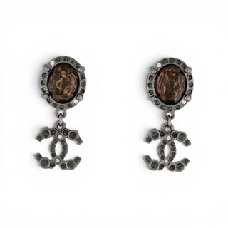 Chanel Resin Strass Silver-tone Interlocking CC Clip On Drop Earrings