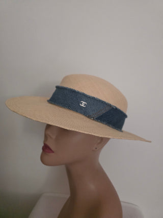 Chanel Beige Interlocking CC Denim Straw Hat S sz